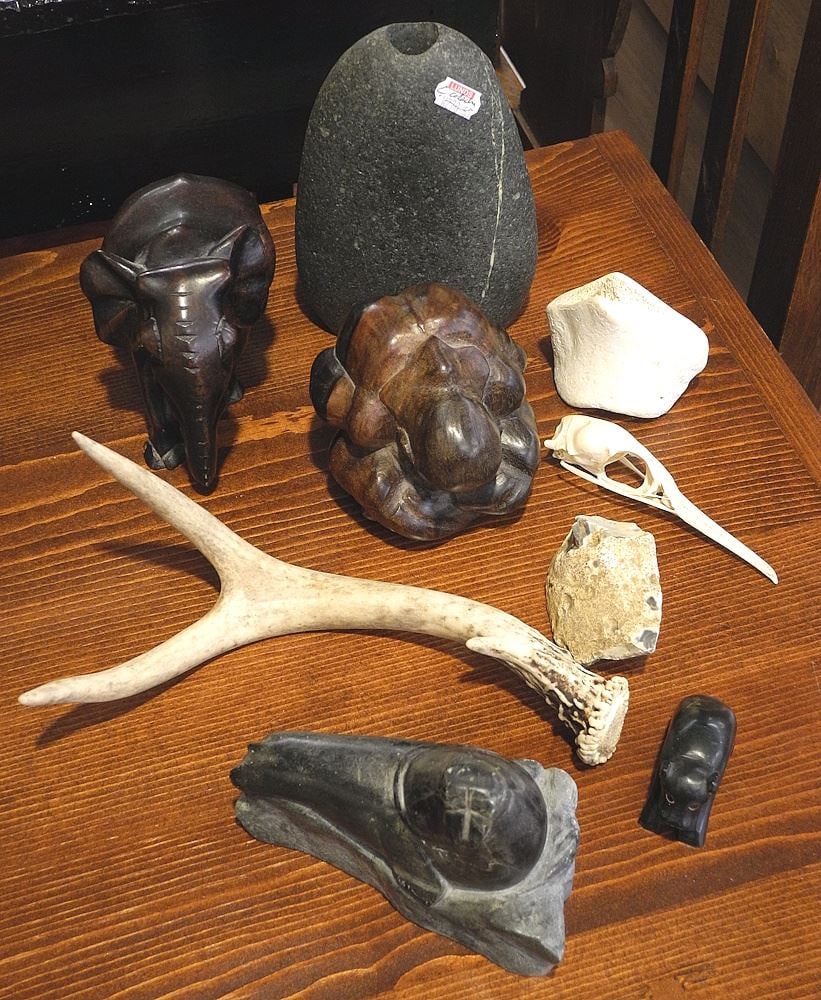 Collection of Wood Carvings/Stone Vase/Bones/Inuit Walrus. (1 of 1)