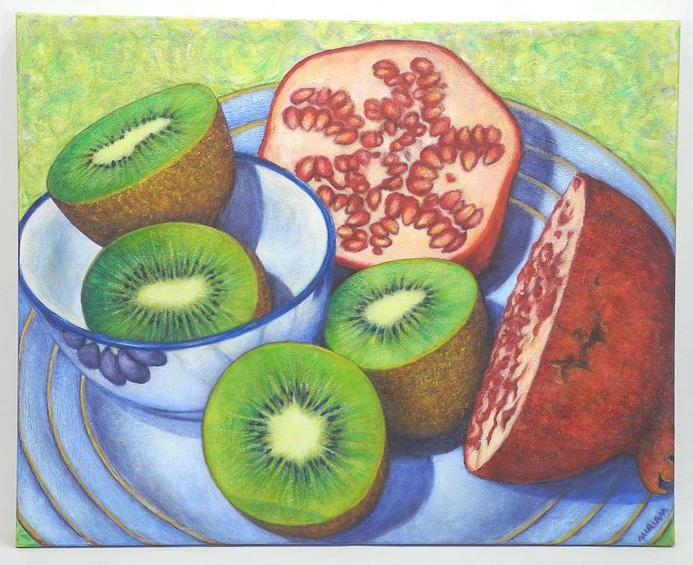 Acrylic on Canvas signed Miriam (Nelken), 24 x 30", "Pomegranates & Kiwi", 2016.: Acrylic on Canvas signed Miriam (Nelken), 24 x 30", "Pomegranates & Kiwi", 2016.