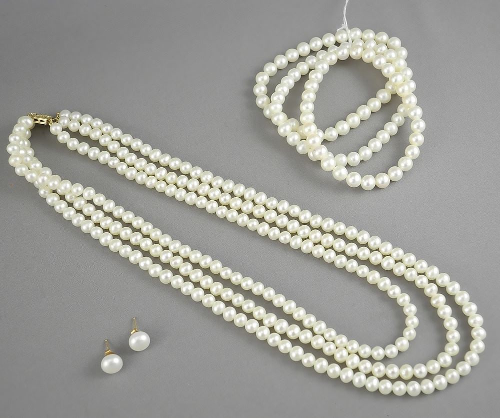 Triple Strand Cultured Pearl Necklace (16"L) with 14K Clasp, 3 Bracelets & 14K Pearl Earr (1 of 2)