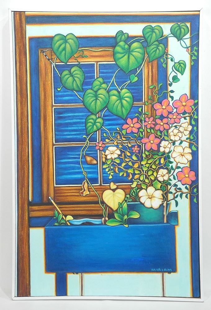 Acrylic on Canvas signed Miriam (Nelken), 36 1/2 x 24", "Blue Window Mystery", 1995.: Acrylic on Canvas signed Miriam (Nelken), 36 1/2 x 24", "Blue Window Mystery", 1995.