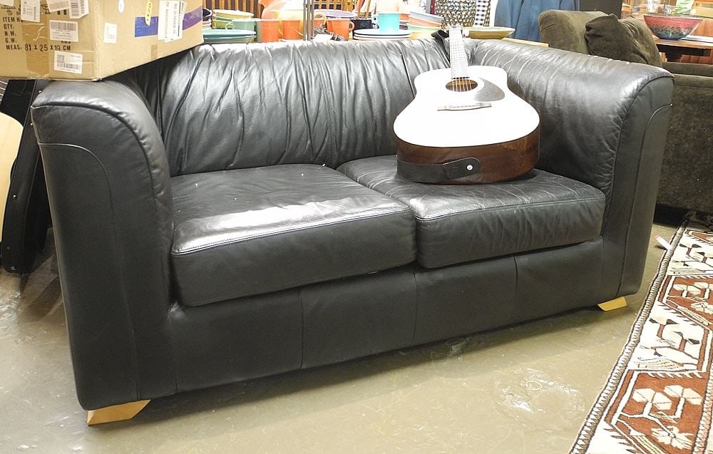 English Black Leather Loveseat. (1 of 2)