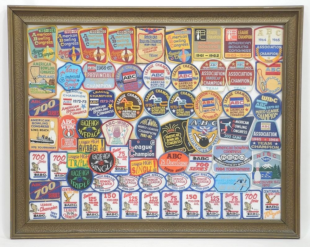 Collection of Vintage Embroidery American Bowling Patches, 19 1/2 x 25 1/2".: Collection of Vintage Embroidery American Bowling Patches, 19 1/2 x 25 1/2".