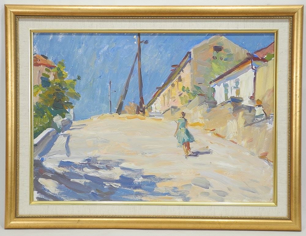 Russian Oil on Board, 13 x 18 1/4", "Woman Walking Up A Hill".: Russian Oil on Board, 13 x 18 1/4", "Woman Walking Up A Hill".