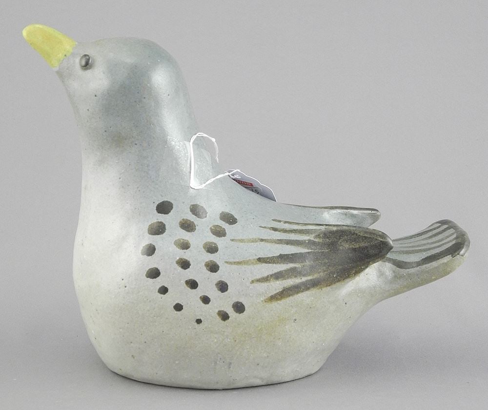 Stoneware Sculpture Monogrammed TK (Thomas Kakinuma), 6"h, "Bird with Yellow Beak". (1 of 3)