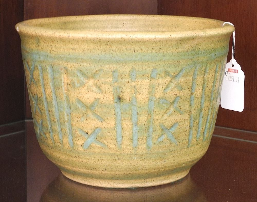 Green Glazed Stoneware Planter Monogrammed TK (Thomas Kakinuma), 5 1/2"h. (1 of 2)