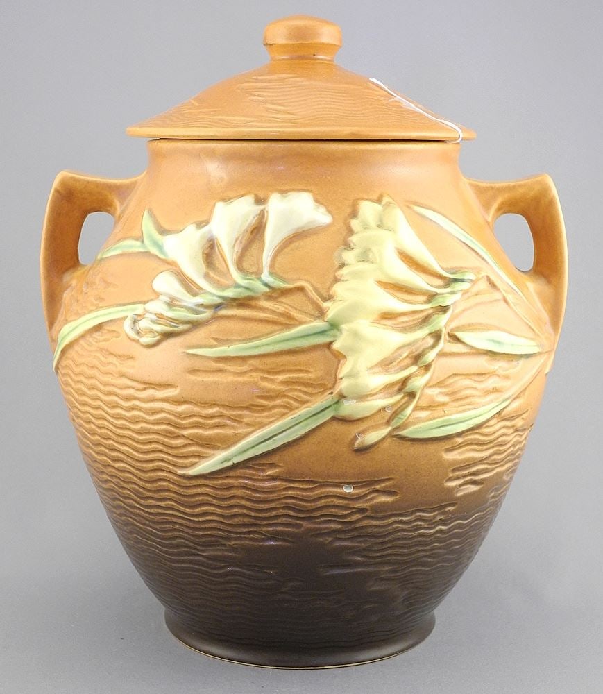Roseville Freesia Covered Jar, 10 1/4"h (tiny flake lid inner rim).: Roseville Freesia Covered Jar, 10 1/4"h (tiny flake lid inner rim).