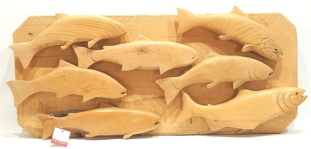 Carved Wood "Fishes" Plaque, 11 3/4 x 28 1/2 x 3 1/2". (1 of 1)