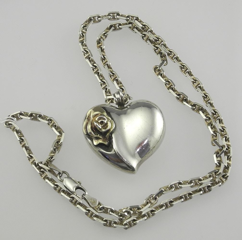 Sterling Silver (marked) Gorham Sweetheart Pendant on Italian Chain, 17"L, 21.5g.: Sterling Silver (marked) Gorham Sweetheart Pendant on Italian Chain, 17"L, 21.5g.