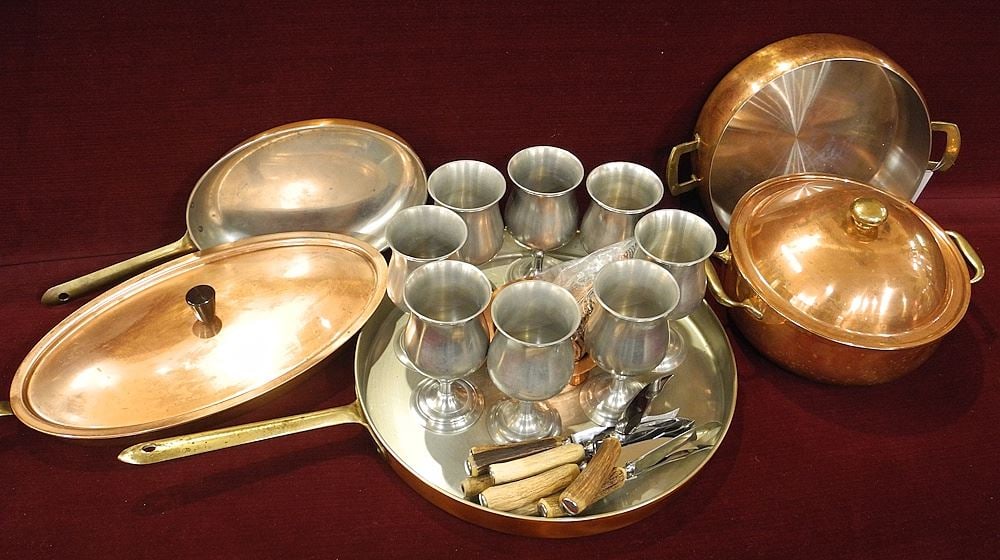Collection of Culinox & Tagus Copper Cookwares with Other Knives & Pewter Goblets. (1 of 1)