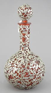 Ruby Glass Decanter with White Metal Overlay, 12"h.: Ruby Glass Decanter with White Metal Overlay, 12"h.