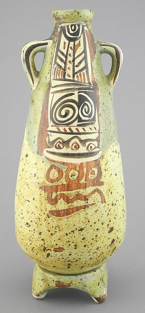 Totemic Pottery Vase signed Indistinctly, 11 3/4"h.: Totemic Pottery Vase signed Indistinctly, 11 3/4"h.