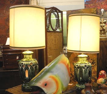 Pair of 1960's Green Glazed Ceramic Table Lamps, TH 42 1/2".: Pair of 1960's Green Glazed Ceramic Table Lamps, TH 42 1/2".