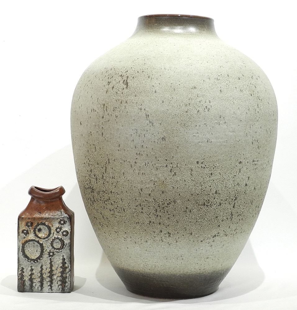 Two West German Pottery Vases: 21 1/2"h (small rim chip) & 8"h. (1 of 3)