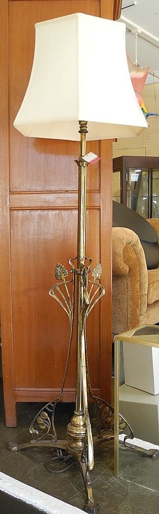 Art Nouveau Brass Floor Lamp, 59 3/4" High.: Art Nouveau Brass Floor Lamp, 59 3/4" High.