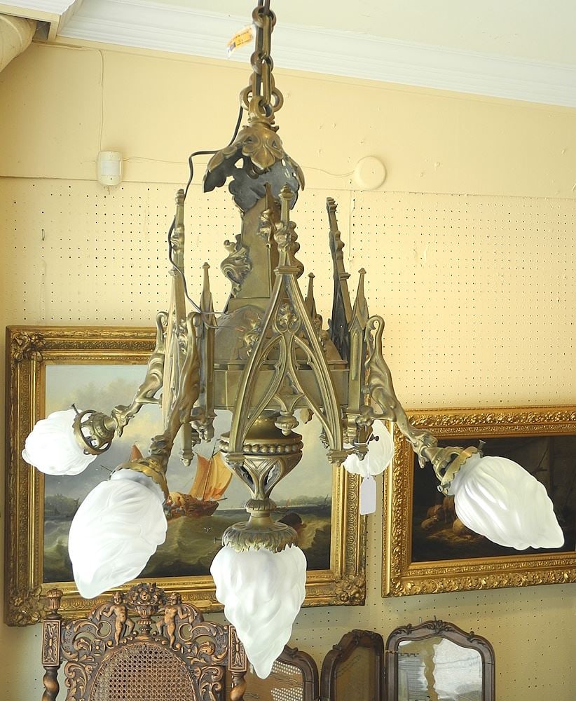 Gothic Bronze Light Fixture, Marked NB HL3390, Fixture with Shade 30". (1 of 10)
