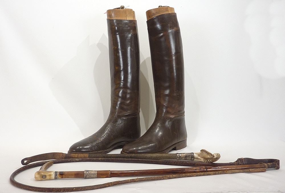Pair of Antique Leather Riding Boots with Silver Mounted 1916 Crop & Lunging Whip. (1 of 3)