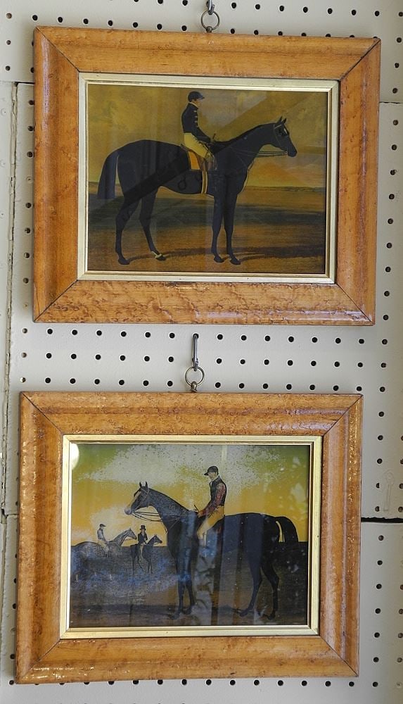 19th C. Equestrian Portraits in Birds Eye Maple Frames, 7 1/2 x 9 3/4". (1 of 1)