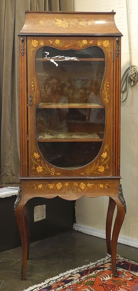 Early 20th C. Louis XV-Style Marquetry Vitrine, 65"h.: Early 20th C. Louis XV-Style Marquetry Vitrine, 65"h.