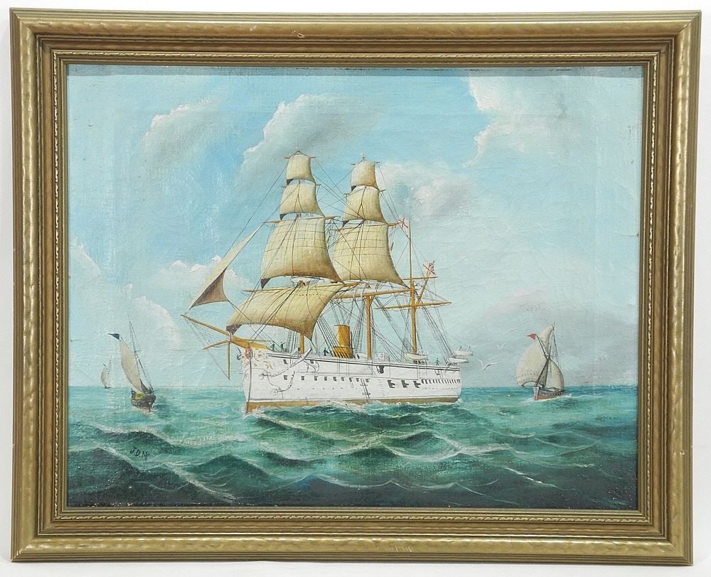 Oil on Canvas signed J.D.Mc, 17 x 22", "Steam Sailor Full Sail".: Oil on Canvas signed J.D.Mc, 17 x 22", "Steam Sailor Full Sail".
