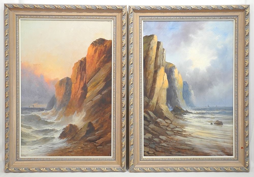 Pair of Oil on Canvas signed H. (Henry) Cooper, 30 x 20", "Coastal Cliff Scene" (tear noted).: Pair of Oil on Canvas signed H. (Henry) Cooper, 30 x 20", "Coastal Cliff Scene" (tear noted).