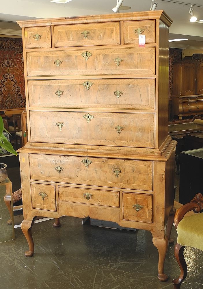 Georgian Walnut Oyster Veneer Chest on Chest, 69 1/4"h (fading noted). (1 of 7)