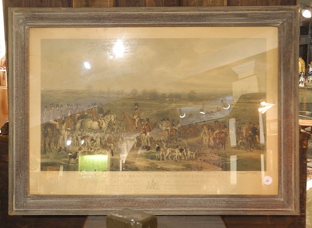 19th C. Hand Coloured & Inscribed Engraving, 21 x 31", "The Meeting of Her Majesty's Stag Hounds": 19th C. Hand Coloured & Inscribed Engraving, 21 x 31", "The Meeting of Her Majesty's Stag Hounds"