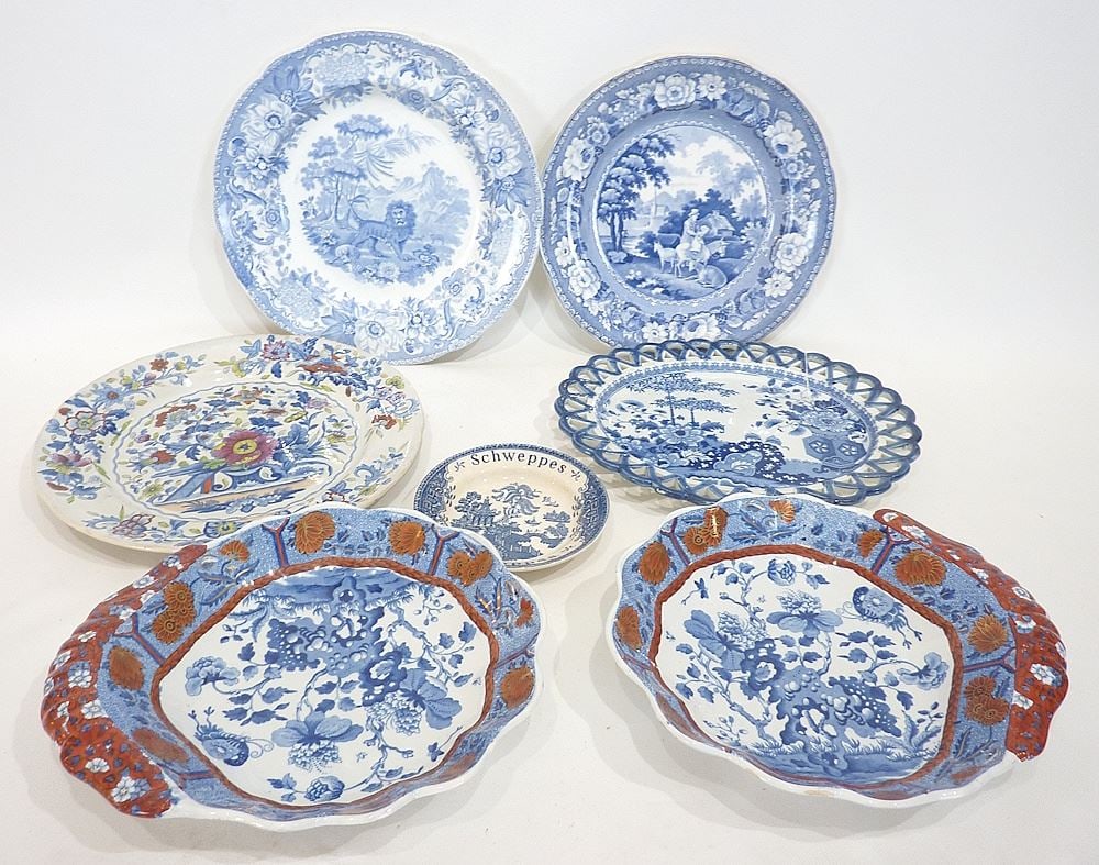 Blue & White Transferware Dishes, Early 19th/20th C., 4 3/4 - 10 1/4"w (1 of 6)