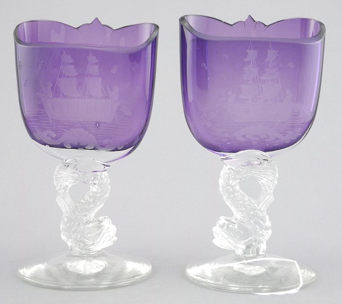 Pair of Venetian-Style Glass Dolphin & Galleon Napkin Holders, 5 1/2"h.: Pair of Venetian-Style Glass Dolphin & Galleon Napkin Holders, 5 1/2"h.
