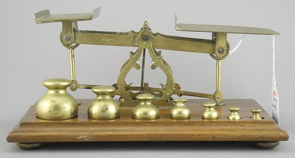 19th C. Brass & Mahogany Postal Scales with Weights, 9 1/4"w. (1 of 4)