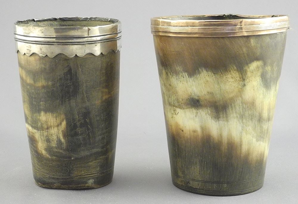 Two Georgian Horn Cups, Silver & Gold Tone Banded Rims, 4 4/8 & 4 1/4 "h. (1 of 2)