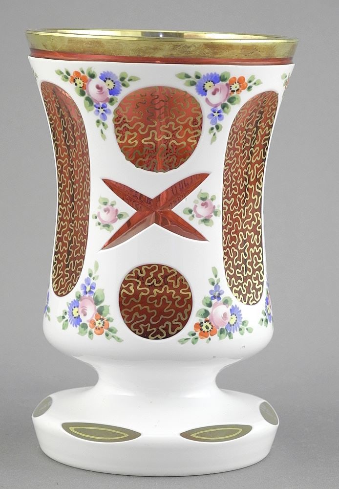 Bohemian Gilt Glass Overlay Beaker Cup, 5 1/4"h.: Bohemian Gilt Glass Overlay Beaker Cup, 5 1/4"h.