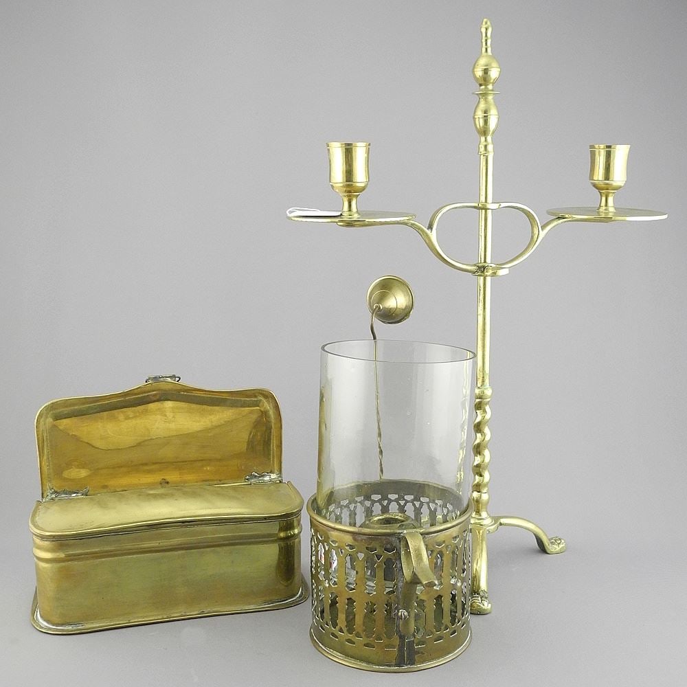 Three Pieces 19th C. Brass: Adjustable Candlestand (15"h)/Glazed Brass Chamberstick/Candle. (1 of 3)