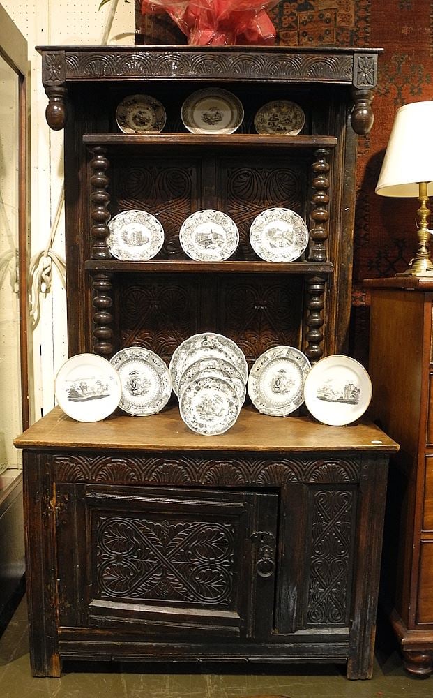 17th/18th C. English Carved Oak Cabinet & Hutch.: 17th/18th C. English Carved Oak Cabinet & Hutch.