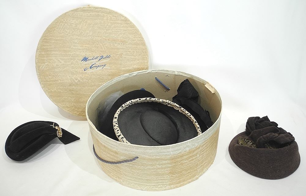 Two Marshall Field & Company Hat Boxes with Various Vintage Ladies Hats. (1 of 3)