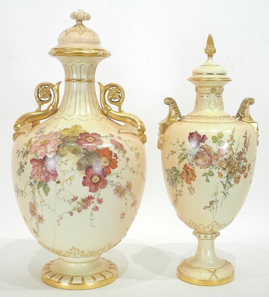 Two Royal Worcester Covered Urns (larger restored/finial restored), 14 3/4 & 16"h. (1 of 9)