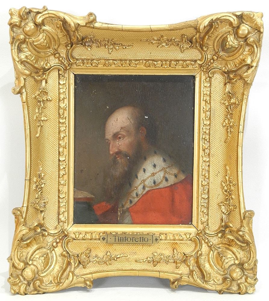 Oil on Board in the Manner of Tintoretto, 8 x 16 1/2", "Man in Ermine Robe" (wax seal ver (1 of 5)