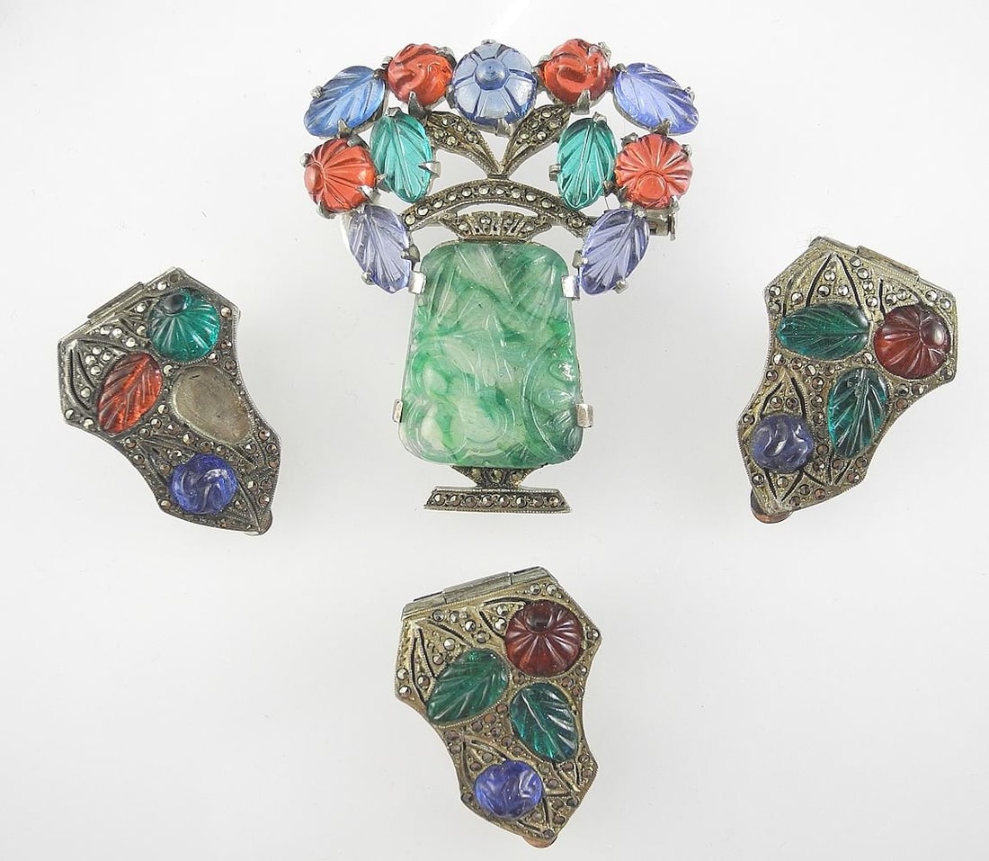 French Hallmarked Silver Brooch & Three Clips, 1 3/4"h, TW 36.7g (one leaf missing). (1 of 2)