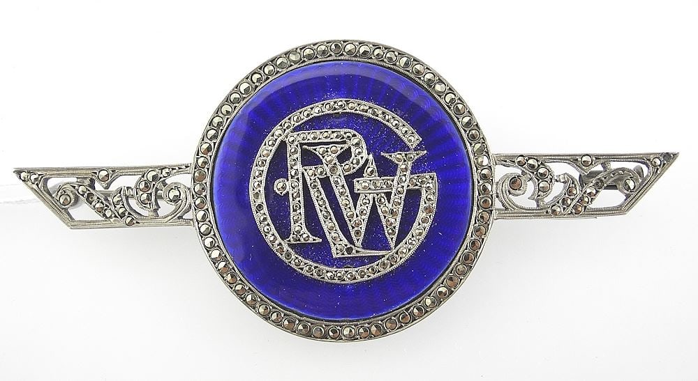 White Metal Marcasite & Enamel RWG (Grace) Brooch, 3"w, 16.7g.: White Metal Marcasite & Enamel RWG (Grace) Brooch, 3"w, 16.7g.