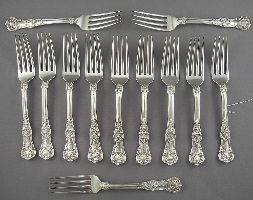 Twelve Tiffany & Co. Sterling Silver English King Pattern Forks Mono. UG, 6 3/4"L, 781g. (1 of 5)