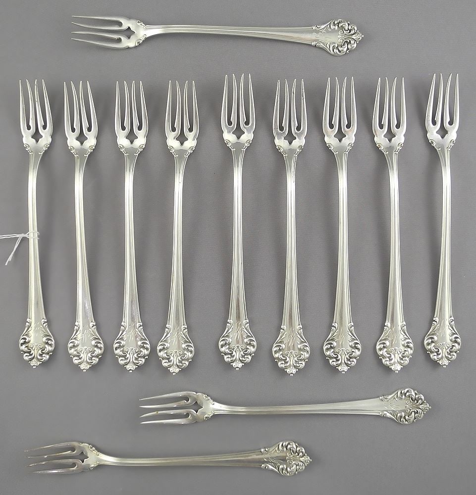 Twelve Reed & Barton Sterling Silver Pickle Forks Monogrammed MG, 5 1/2"L , 339g. (1 of 5)