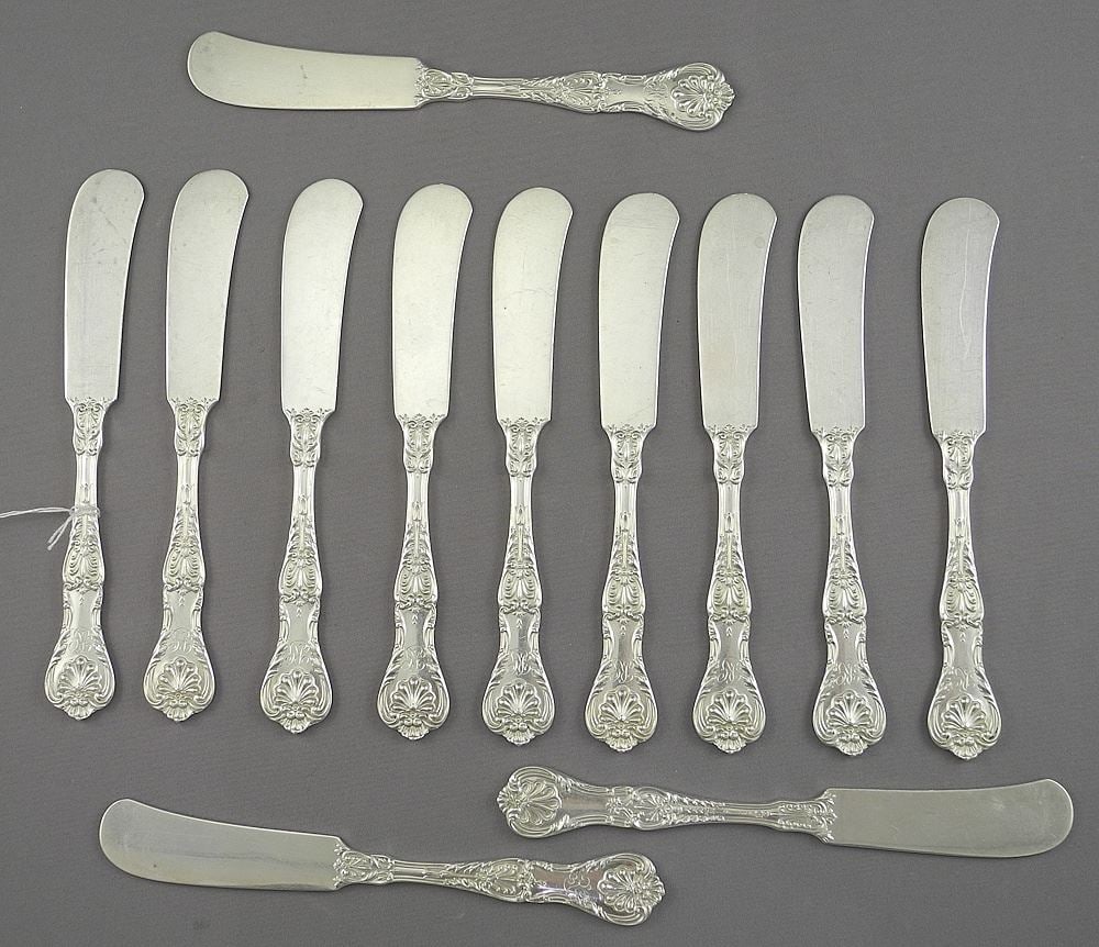 Twelve Gorham Spaulding Co. Sterling Silver Spreaders Monogrammed RG, 5 3/4"L, 339g.: Twelve Gorham Spaulding Co. Sterling Silver Spreaders Monogrammed RG, 5 3/4"L, 339g.