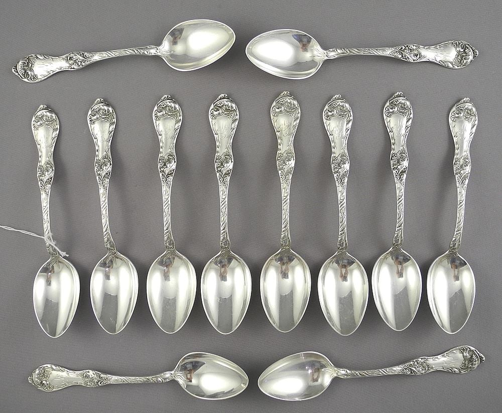 Twelve Reed & Barton Sterling Silver Coffee Spoons Monogrammed MG, 5 1/8" L, 270g. (1 of 5)