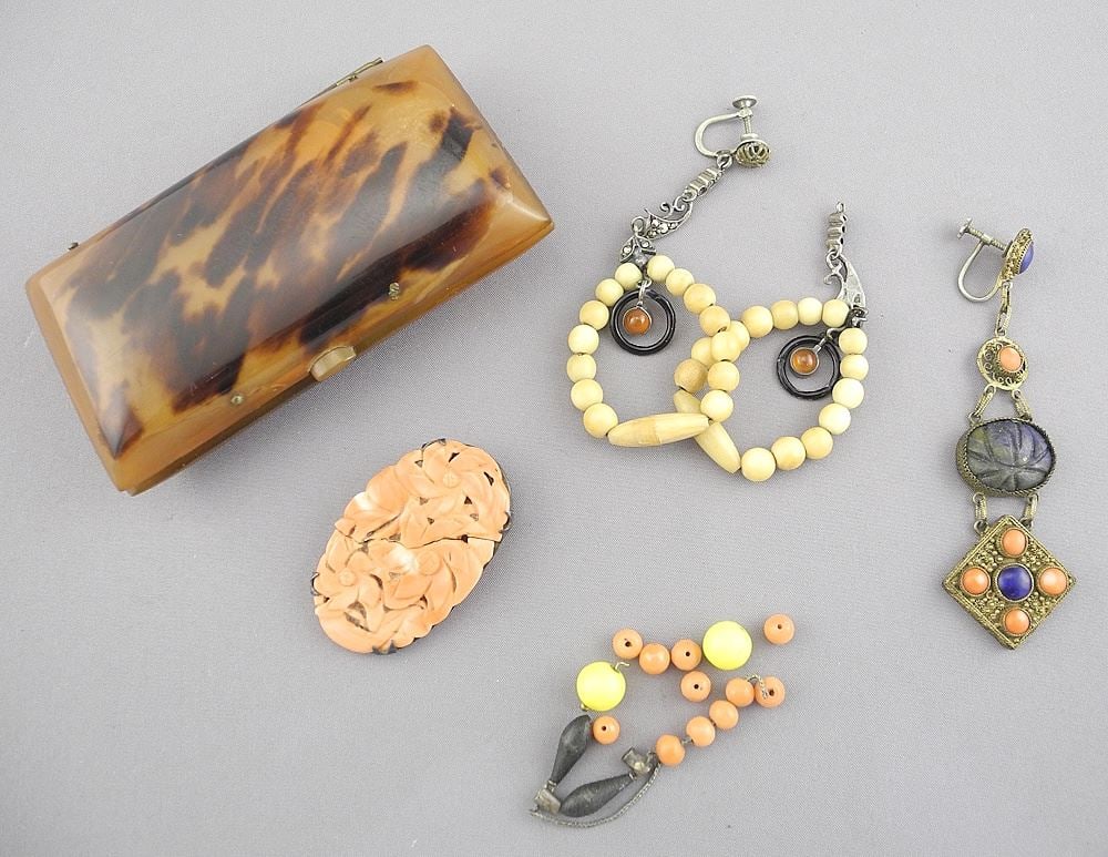 Faux Tortoiseshell Box with Collection of Coral & Natural Bead Jewelry, NO EXP.(cond. not (1 of 1)