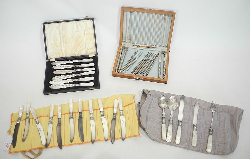 2 Sets of MOP Butter Knives, 5 MOP Serving Pieces & Set of Nutcrackers.: 2 Sets of MOP Butter Knives, 5 MOP Serving Pieces & Set of Nutcrackers.