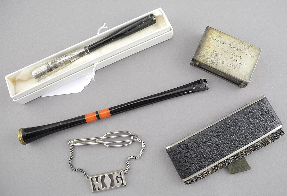 Sterling Silver Match Safe William Grace & WG Monogram Pin with Brush & Cigarette Holder.: Sterling Silver Match Safe William Grace & WG Monogram Pin with Brush & Cigarette Holder.