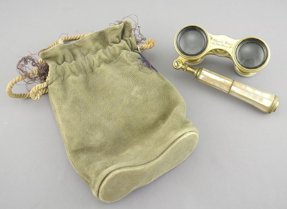 Pair of LeMaire Paris MOP Opera Glasses Engraved Ursula Grace, 3 7/8 " with Soft Pouch. (1 of 6)