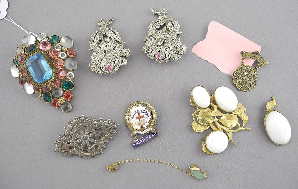 Collection of Clips (Marcasite & Paste) Various Pins (SS & Masonic). (1 of 2)