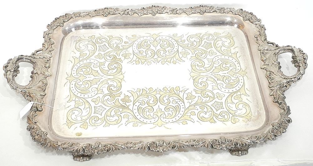Silver Plated Tray Marked "Plated by Gorham Mfg. Co." 30751, Apx. 19"W x 29"L (handle to handle). (1 of 6)
