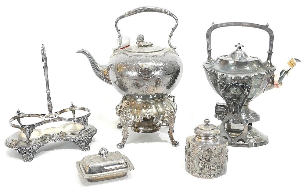 Collection of Silver Plated Wares: Cruet Stand/Spirit Kettle/Electric Kettle/Caddy/Dish. (1 of 7)