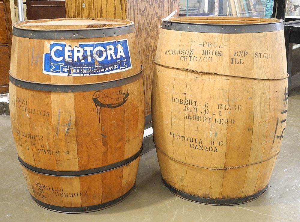 Two Oak Barrels: Anderson Bros. Chicago/Robert E Grace Albert Head, Victoria, BC., 29"h.: Two Oak Barrels: Anderson Bros. Chicago/Robert E Grace Albert Head, Victoria, BC., 29"h.
